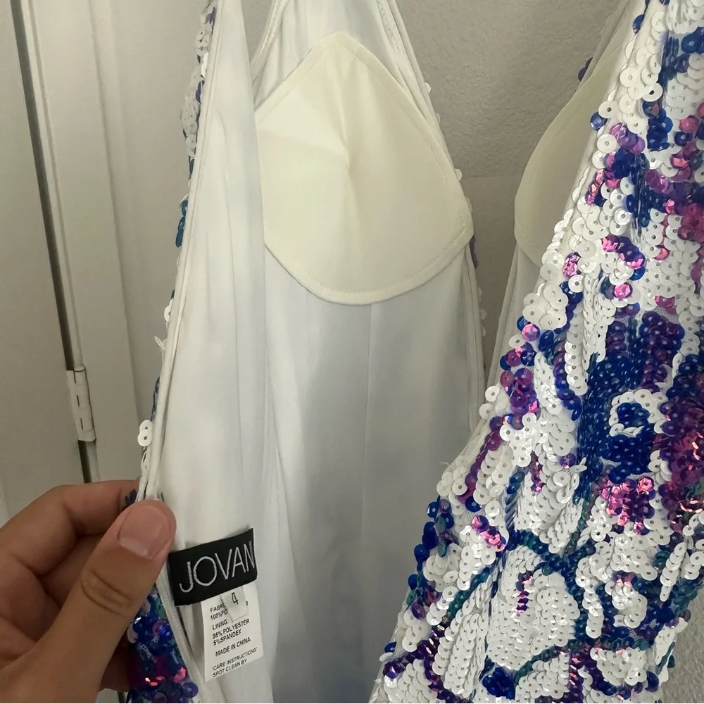 Jovani 08257 Ivory Multi Color Print Purple Sequin Fitted Prom Dress Size: 4 NWT